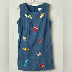 Embroidered Denim Dress with Summer Sandal Motif